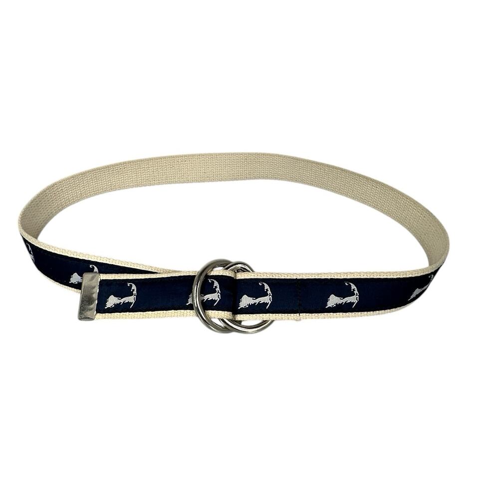 Chatham T Canvas Belt Mens Size S Double D-Ring Buckle Navy Blue Waves Marine